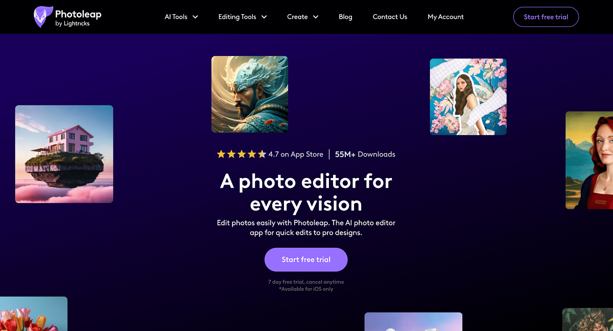 Capture d'écran de la page d'accueil de Photoleap