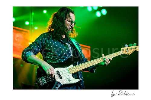 Horizontal color image of Geddy Lee performing with his bass guitar during a Rush concert under vivid green stage light