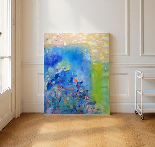 peinture abstraite, couleur jaune, couleur bleue, format 73x92 cm, acrylique et oil stick, moyen format, tableau abstrait sur toile, techniques mixtes, lumineux