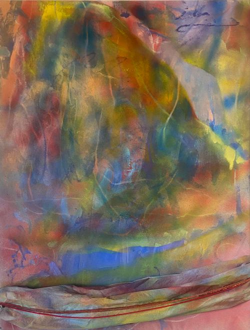 Envol, tableau abstrait, peinture abstraite textile, grand format, peinture abstraite grand format, sur toile, 89x116 cm, techniques mixtes, acrylique, a&eacute;rosol, textile, laine, empreintes textiles, art abstrait contemporain, art textile, couleurs vibrantes, peinture spirituelle, liens invisibles, transmission filiale, peinture sensible, peinture vibrante, collection Voyages Cosmiques, abstraction lyrique contemporaine