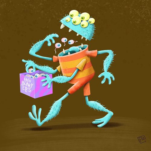 Tekening van een vreemd monster met 4 armen en zes ogen, eet ogen als snoepje