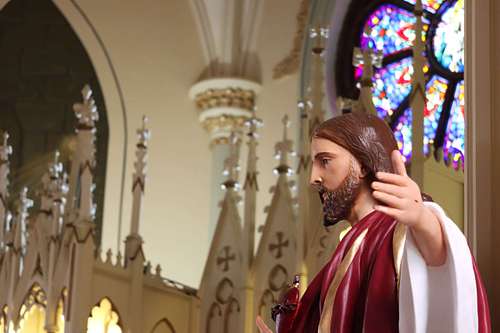 Shows the restored statue and some of the high altar behind it at Holy Trinity Catholic Church in Somerset, Ohio