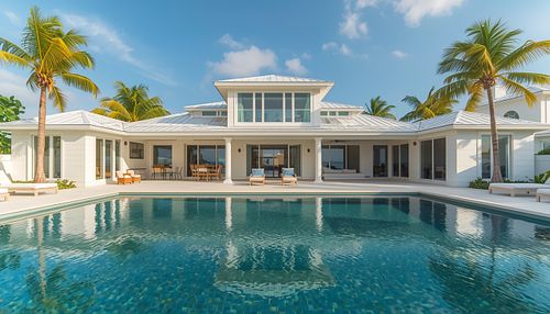 Wide-angle architectural photography of a symmetrical luxury mansion with a large swimming pool and tropical palm trees by PrimePropertyPhoto in Gainesville, FL.