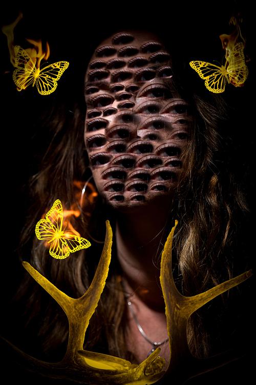 A face full of eyes surrounded by golden antlers and burning butterflies.