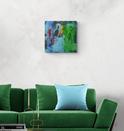 Invasion Bleut&eacute;e, peinture abstraite carr&eacute;e, peinture abstraite bleue et verte, petit format, format carr&eacute;, 40x40 cm, acrylique, sur toile, paysage abstrait, art abstrait contemporain, peinture vibrante, peinture m&eacute;ditative, collection Paysages Abstraits, peintre abstraite &eacute;mergente, abstraction lyrique