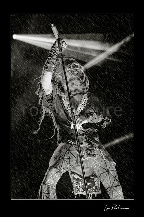 Vertical black and white image of Rob Zombie performing live on stage with raised microphone stand, flying dreadlocks, streaking rain, and dramatic backlighting