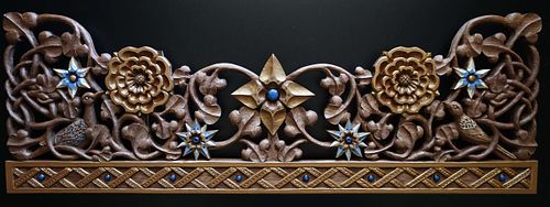 hand-carved and painted crown face with turtle dove, sparrow, roses, virgin's bower, squill, borage flowers and vines