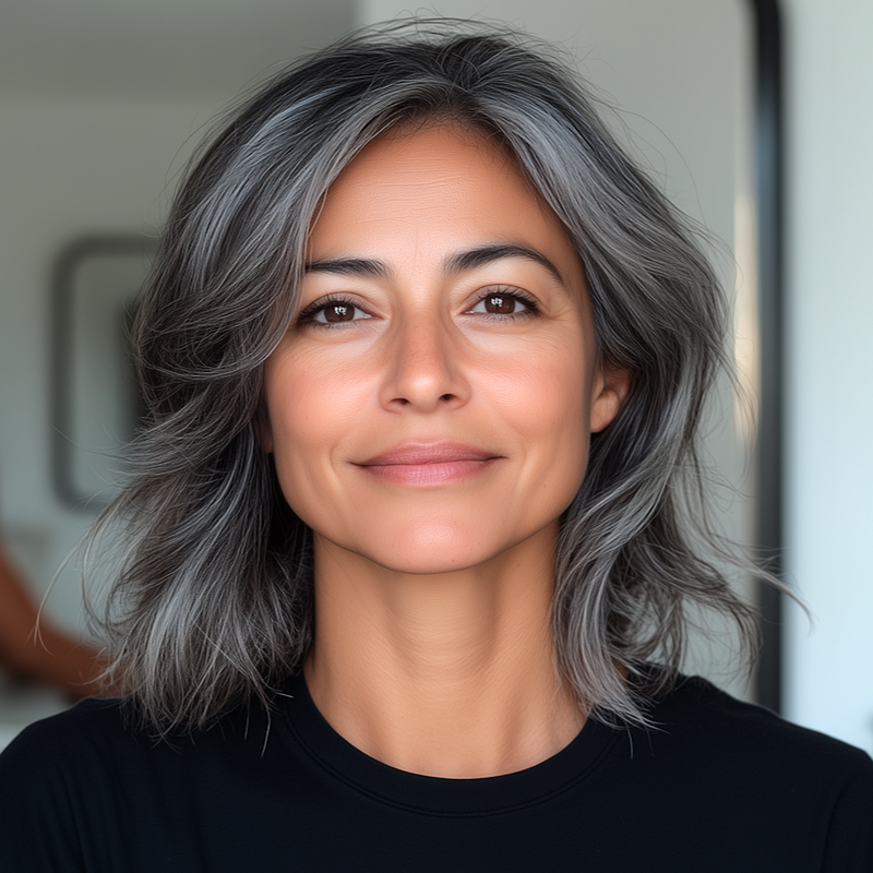 content looking middle aged woman gray hair looking into the camera