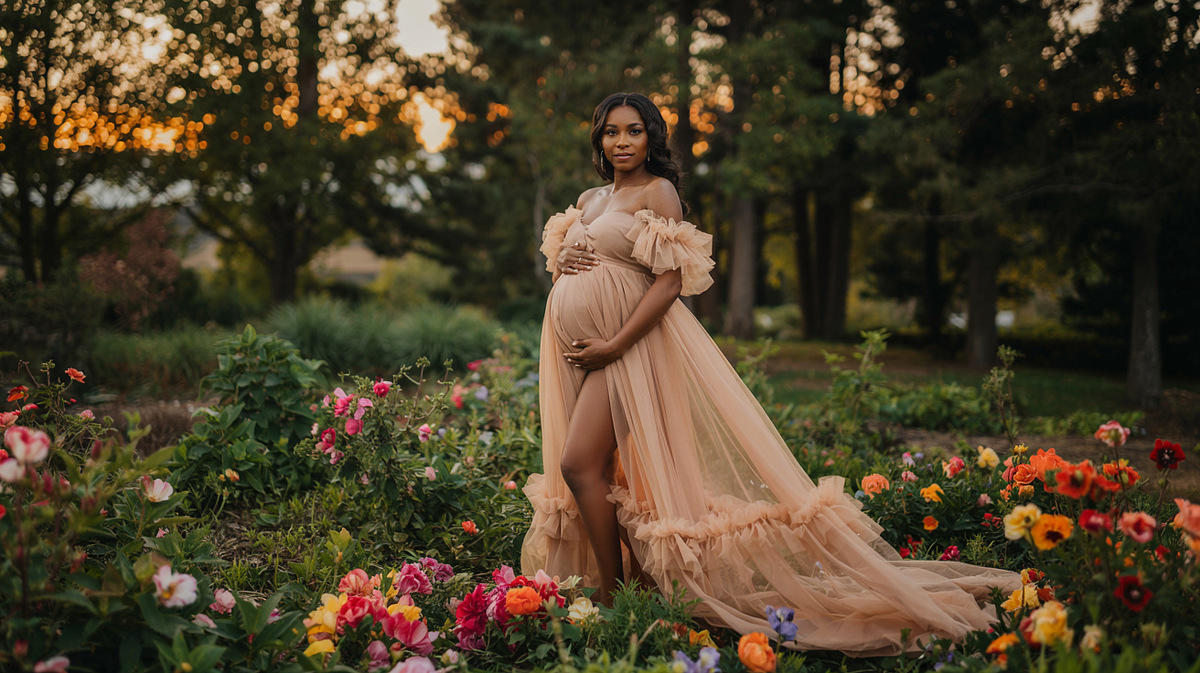 Pregnant woman posing in natural light with a flowing maternity gown.