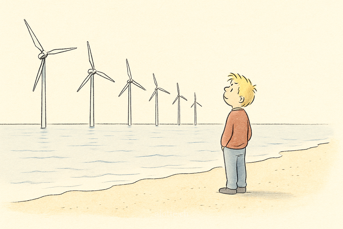Illustration of a boy looking at an offshore wind farm in Brighton UK | Martin Potter