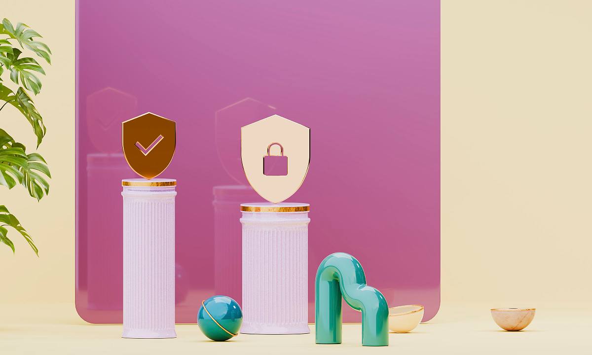 Cybersecurity themed podium with shield icons, 3D product scene