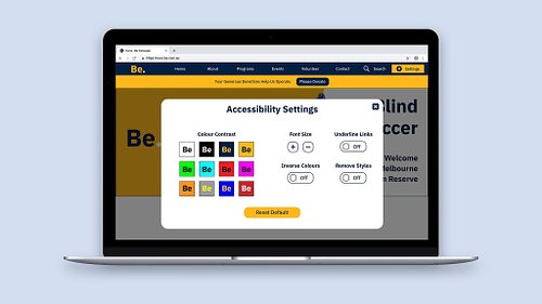 Mockup of the website with the accessibility settings panel open, showing options for colour contrast, font size, underlined links, inverse colours, removing styles, and resetting to default.