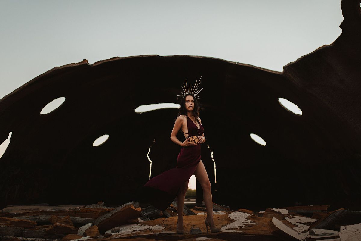 Futuristic fashion portrait shoot at the abandoned Casa Grande domes in Arizona.