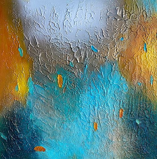 abstract painting blending mineral blue with raw earth textures, perfect for biophilic interior design projects and sustainable luxury villas