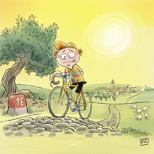 Illustratie in aquarel van jonge wielrenner in de brandende zon in het zuiden van Frankrijk