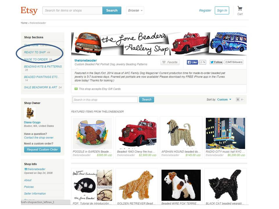 TheLoneBeader's gallery shop with Ready to Ship circled