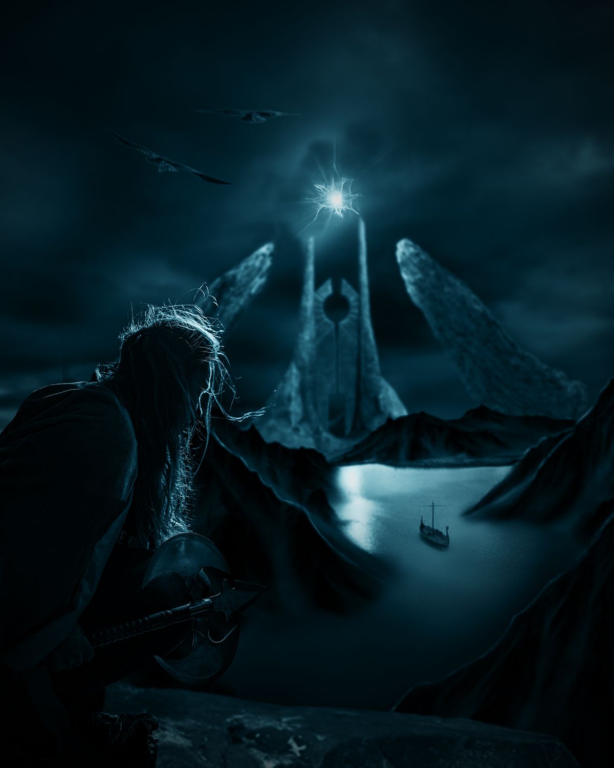 A viking woman looking out a ship on fjord sailing toward gates reminiscent of Mordor.