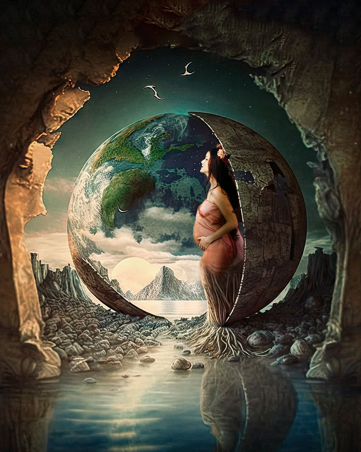 photo tarot femme enceinte fusionnée à la nature, près d’un lac sacré, face à une caverne, symbole de création et d’accomplissement