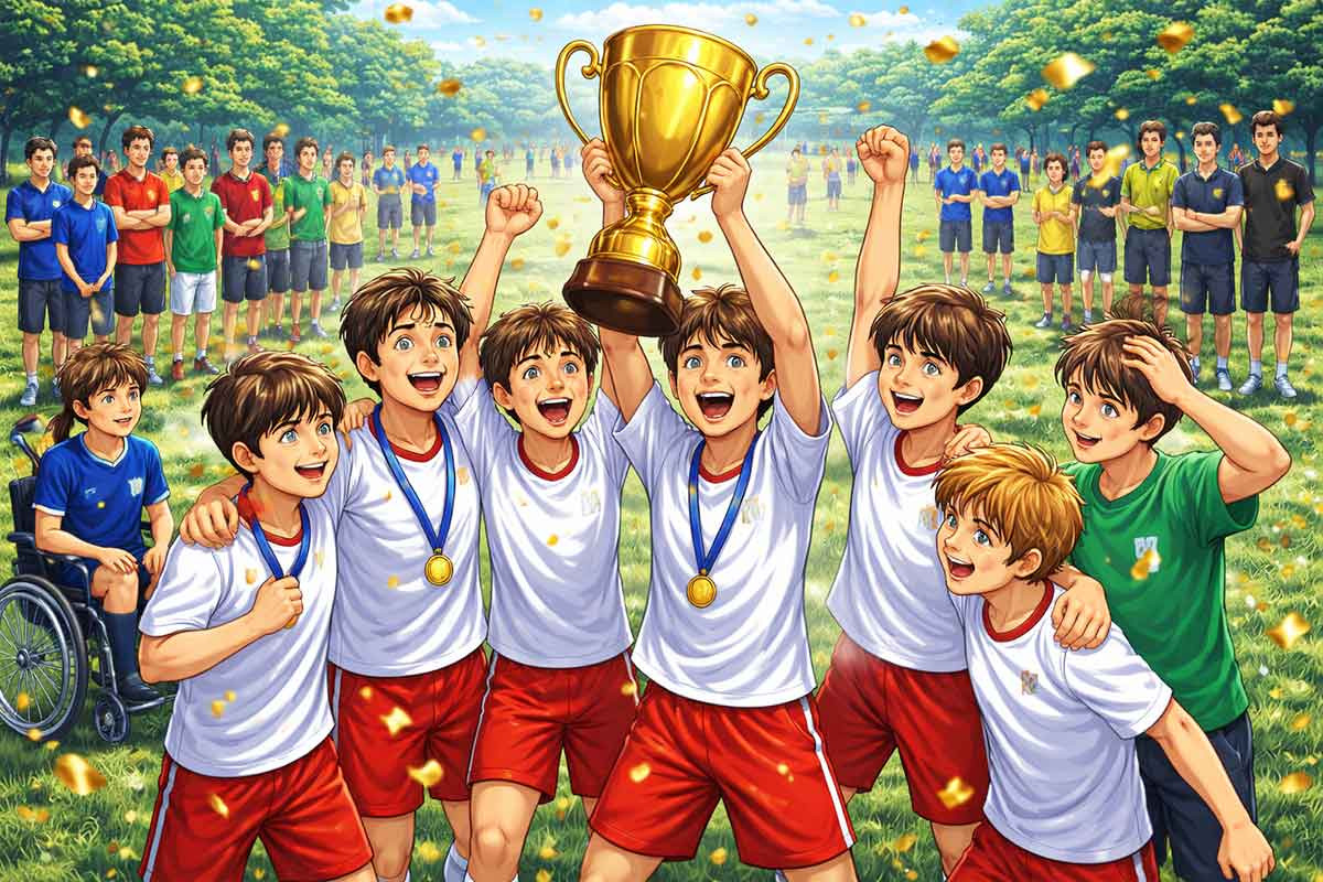 Eine Mannschaft jubelt und hält einen Pokal in die Höhe, während andere Teams im Hintergrund stehen und zusehen.