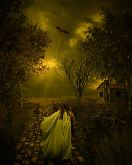A yellow scene of a cloaked woman traveling down a yellow brick road.