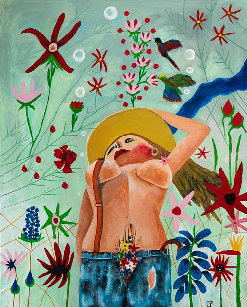 Innocence de Patrice Goubeau Une peinture colorée représente une personne avec un chapeau de paille, entourée de fleurs et de plantes abstraites et vibrantes. L'arrière-plan est un mélange de bleus et de verts avec des formes fantaisistes, créant une scène vivante et onirique.