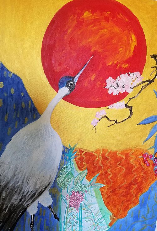 Crane with Blue Head and Red Sun