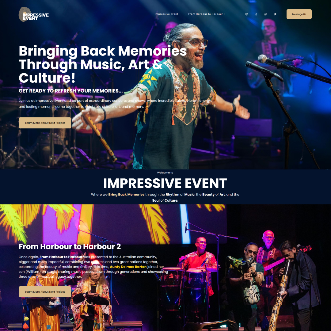 Captura de tela da seção inicial que exibe informações sobre eventos musicais.