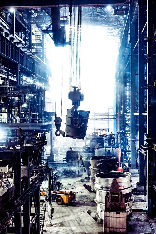 Lower angle view of Jindal Steel Plant, showcasing steel production and manufacturing in Odisha, India.