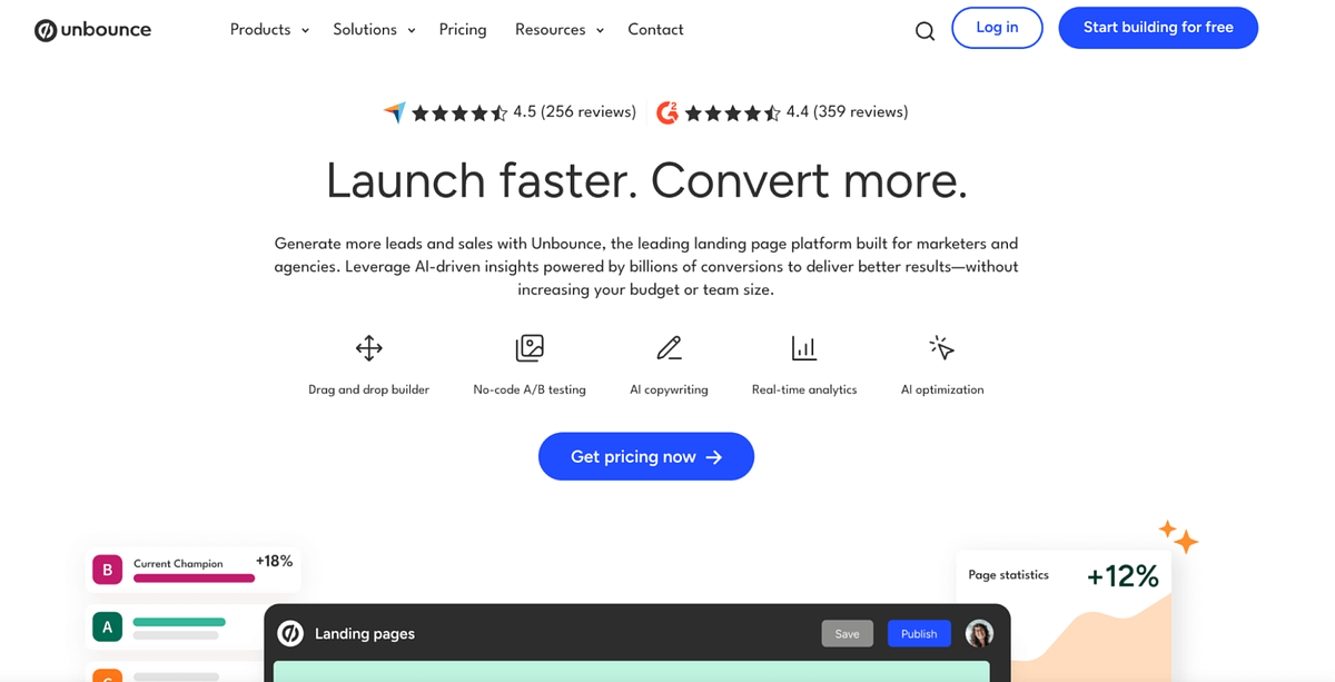 Imagem da página inicial do Unbounce