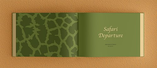 Double-page chapter opening spread of the photobook featuring a green-toned giraffe print vector pattern on the left page and the title &lsquo;Safari Departure&rsquo; in a beige decorative font on a plain grass green background on the right.