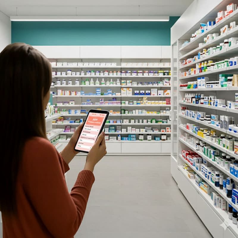 Woman using smartphone or looking at medication prices in a pharmacy