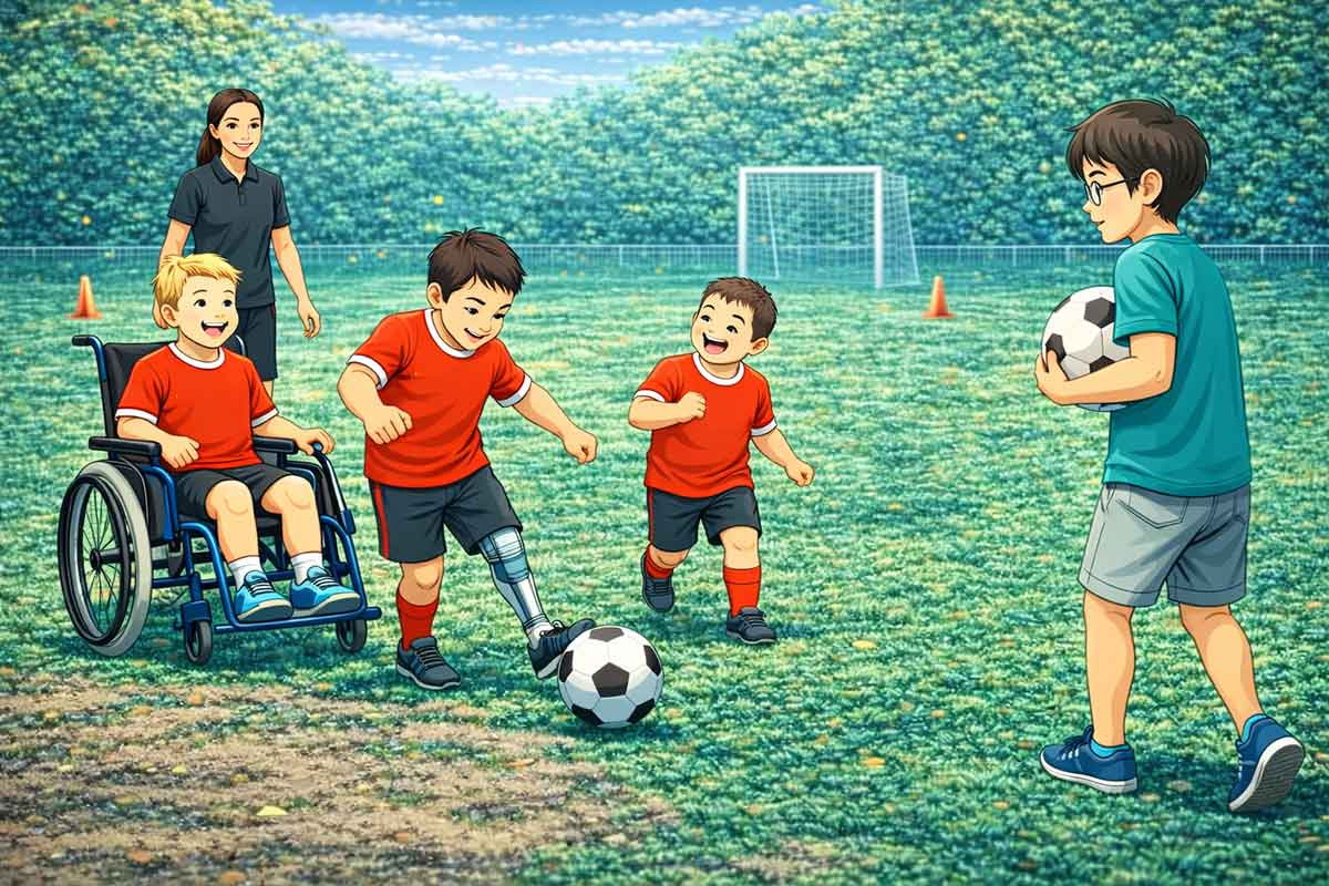 Mehrere Kinder spielen gemeinsam Fußball, darunter ein Kind im Rollstuhl und ein Spieler mit Prothese, während ein weiterer Spieler am Rand mit Ball wartet – ein inklusives Trainingsszenario mit unterschiedlichen Voraussetzungen.