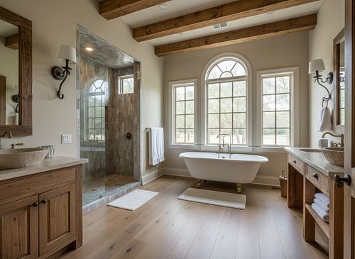 Expertly lit real estate photo of a spa-like master bathroom in Central Florida, showcasing a clawfoot tub, walk-in glass shower, and rustic wood accents by PrimePropertyPhoto.