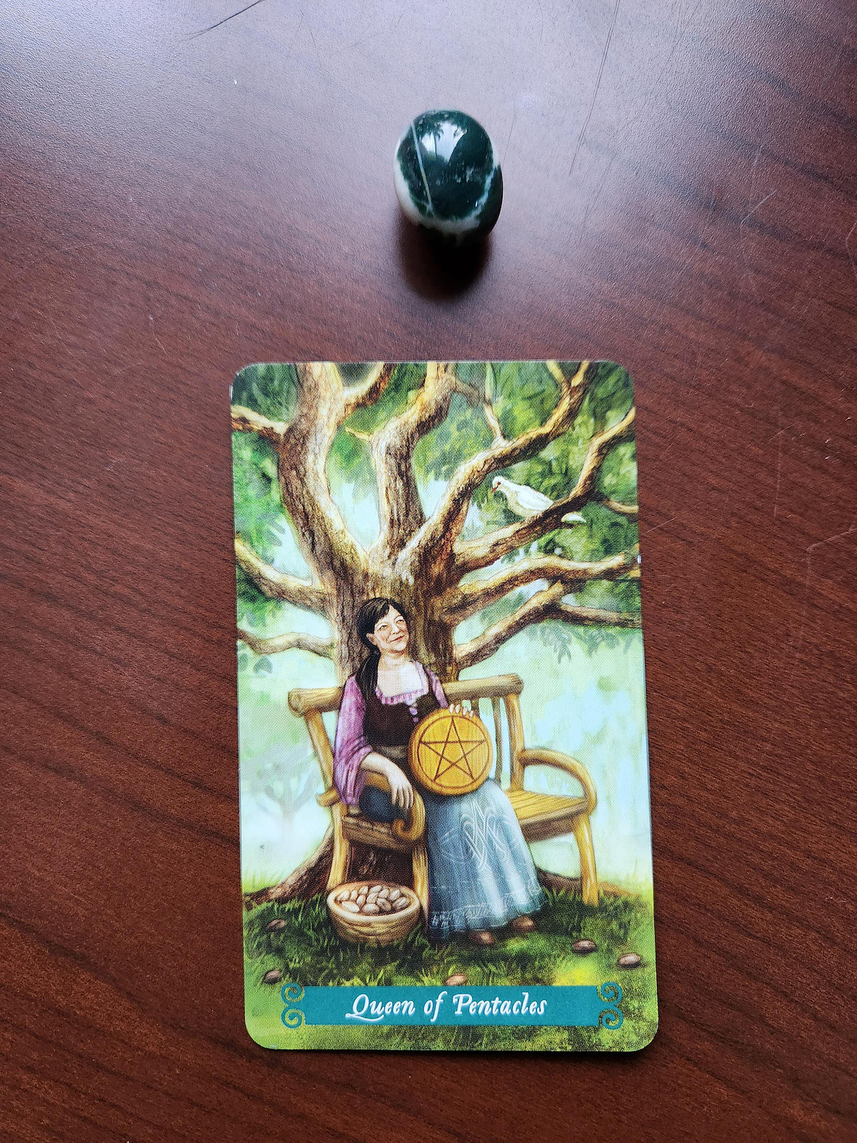 Green Sardonyx Stone & Queen of Pentacles Card