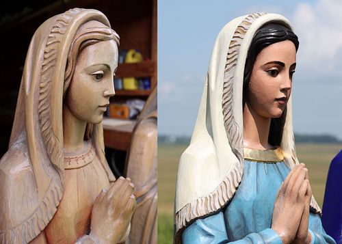 Before and after of upper body of restored St. Bernadette statue