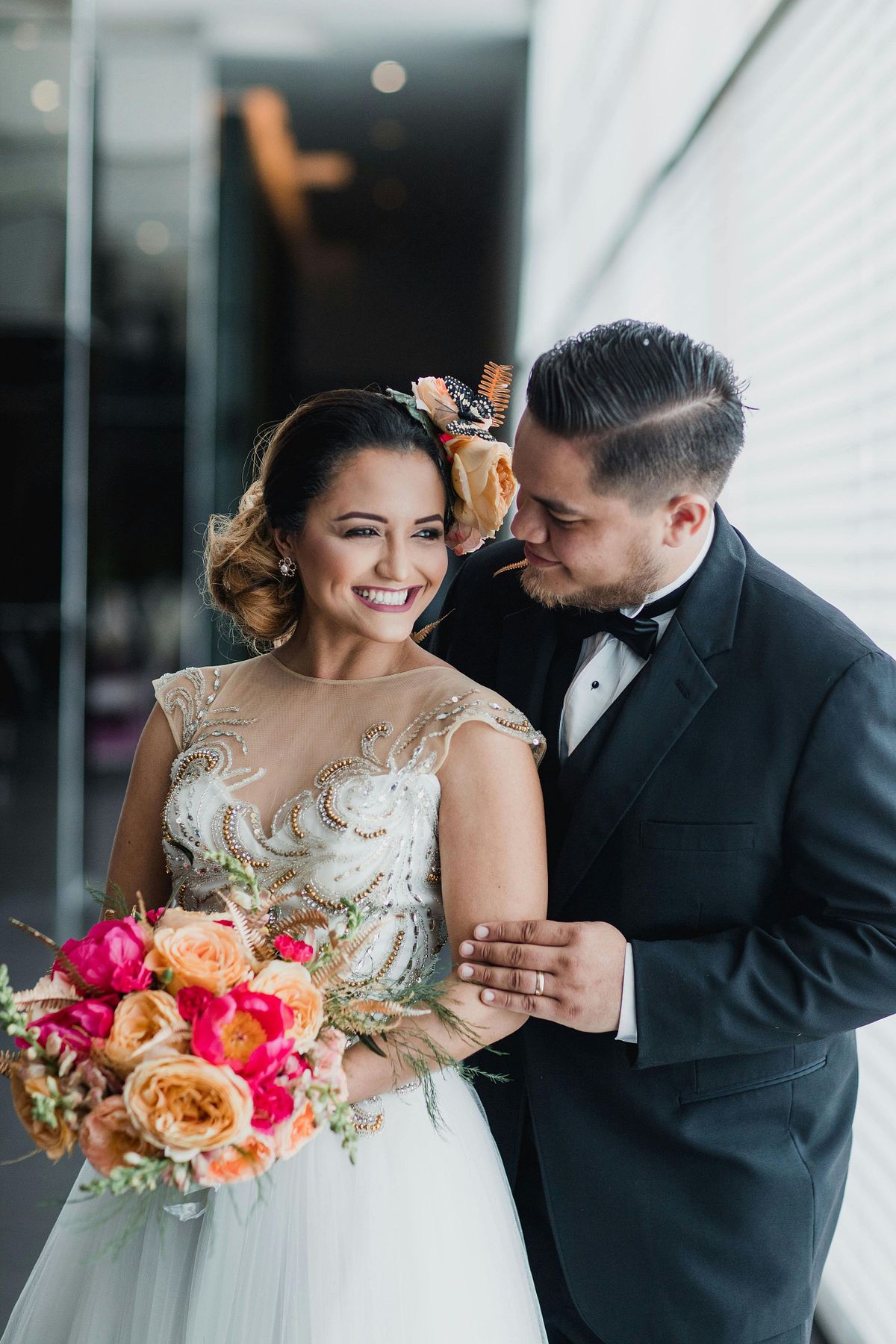 Bride and groom sharing a moment on their wedding day.