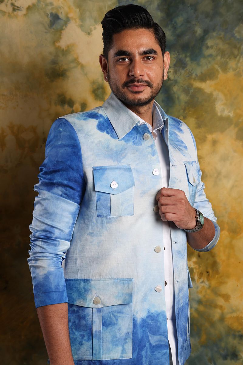 Linen Satin Safari Blazer - Summer Sky