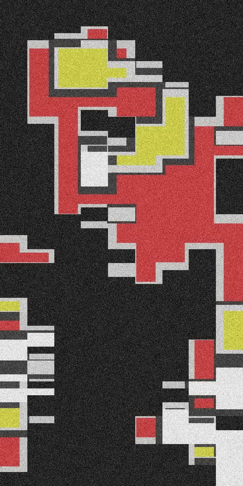 Bold geometric shapes in red, yellow, and white create a striking pattern against a black background. The overlapping rectangles and squares form a dynamic sense of movement.