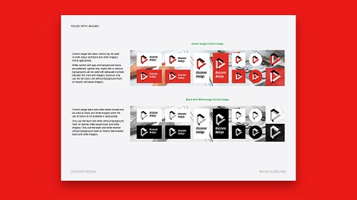 Brand guidelines document page showing examples of correct logo use on both colour and black-and-white imagery.