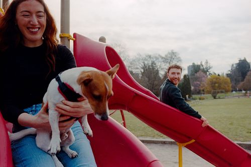 couple with their dog on a slide