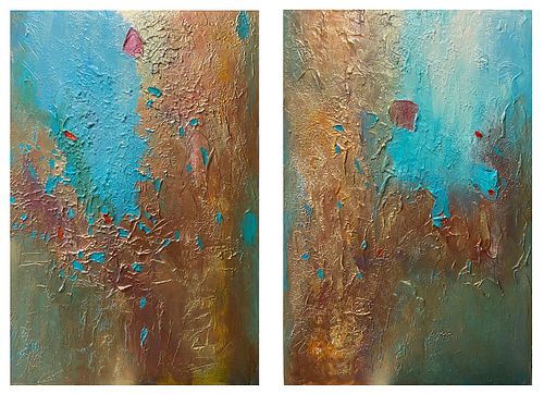 Contemporary Indian abstract painting, gold and azure blue textures, premium wall decor for luxury penthouses in Dubai, Mumbai, and London