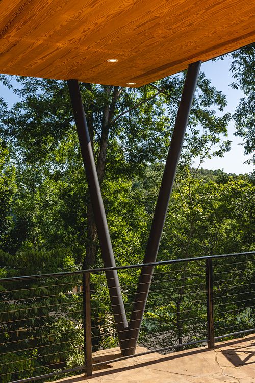 Steel posts; wood ceiling underdeck