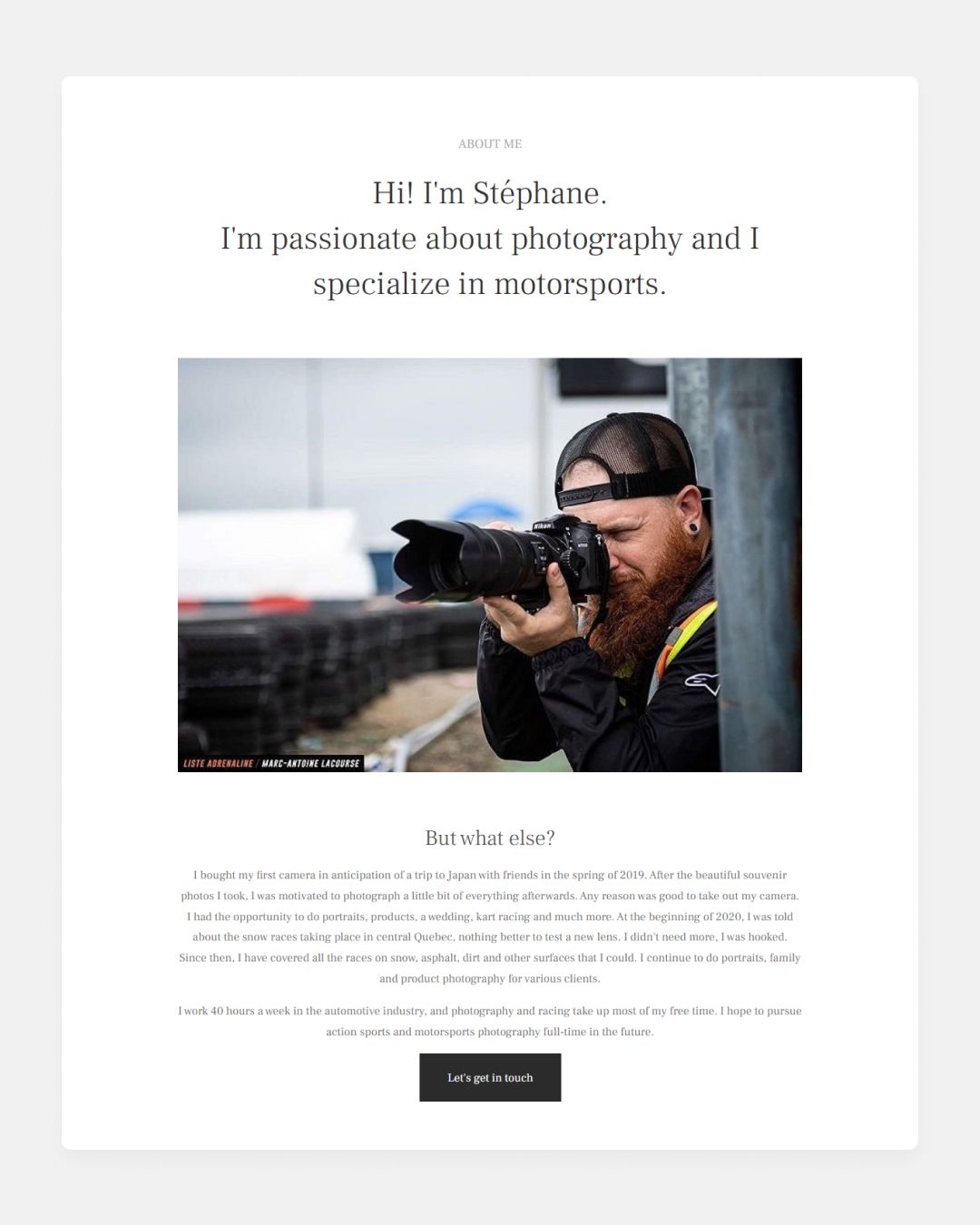 About me section of SGagne's sports photography portfolio