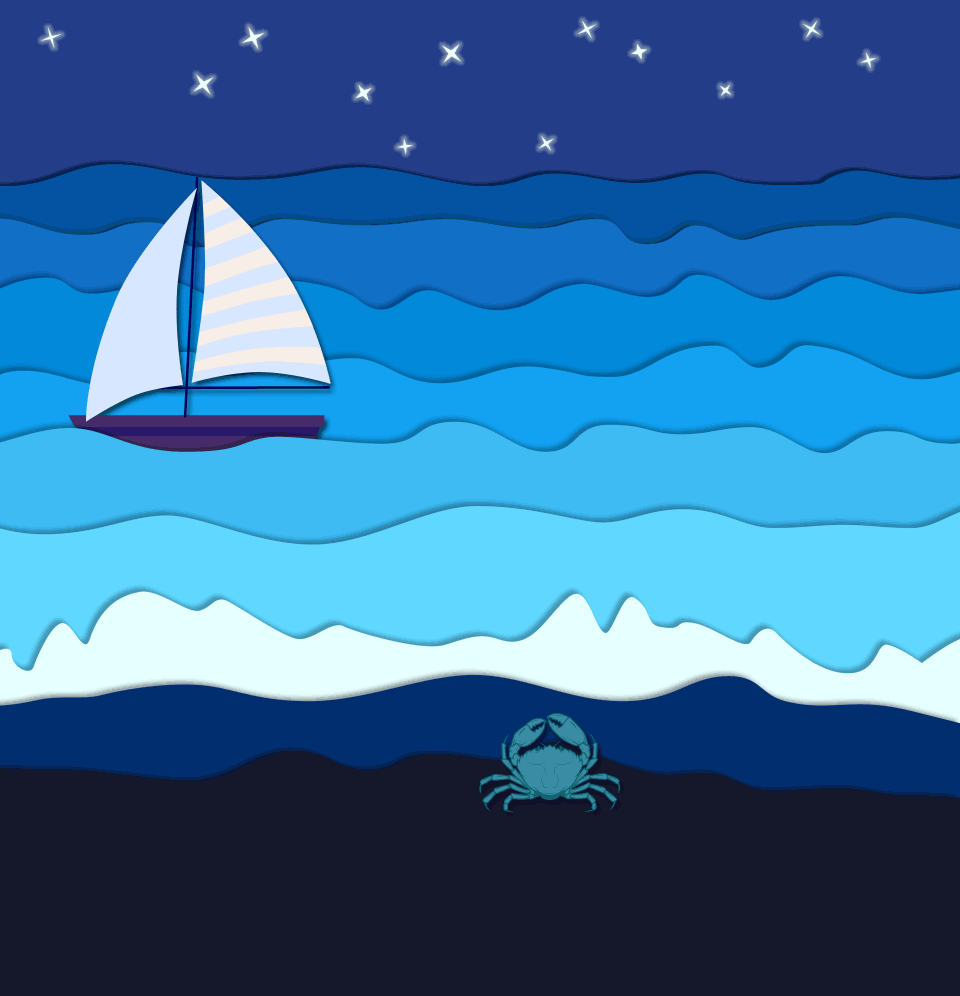a sail boat on the ocean at nighttime