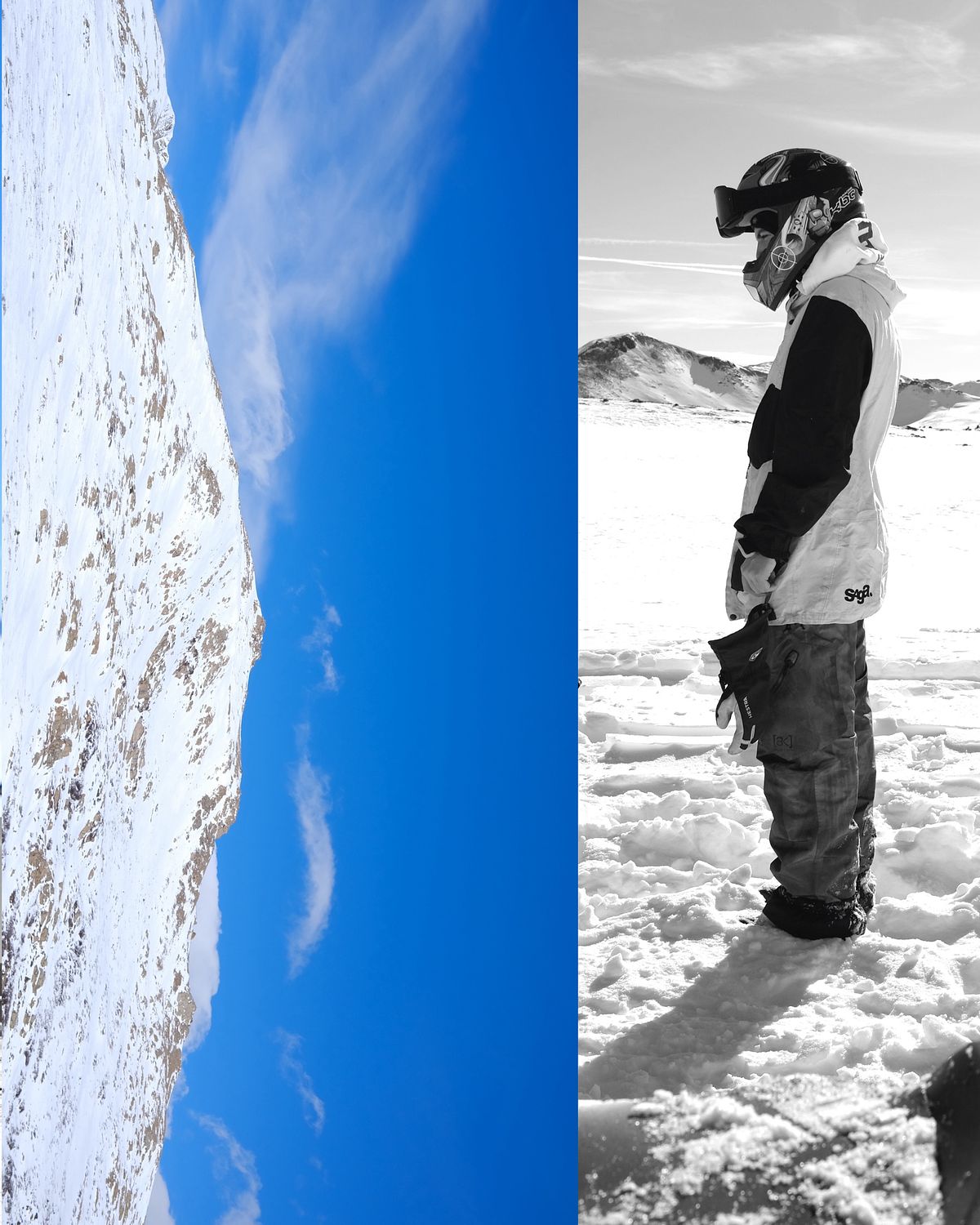 Collage of snowy mountain and man snowmobiling in Independence Pass, Aspen, CO
