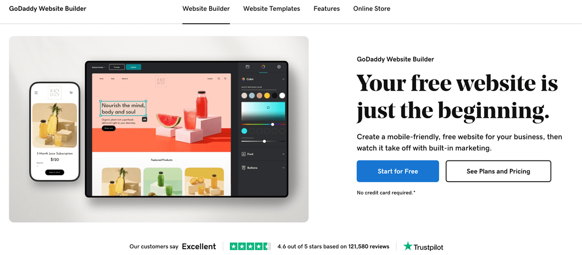 Screenshot of GoDaddy Website Builder homepage