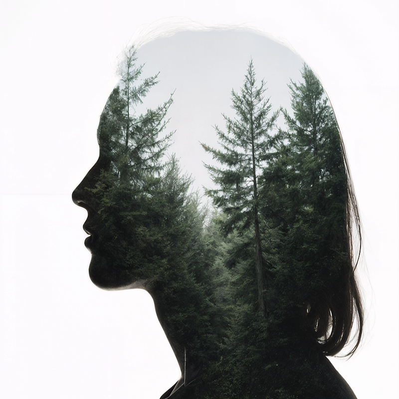 a stylized image of a woman in profile with tall trees within the photo boundaries
