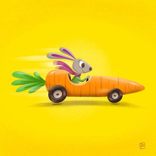 illustratie kinderboek van Poetzarelli, konijntje in sportauto in de vorm van een wortel