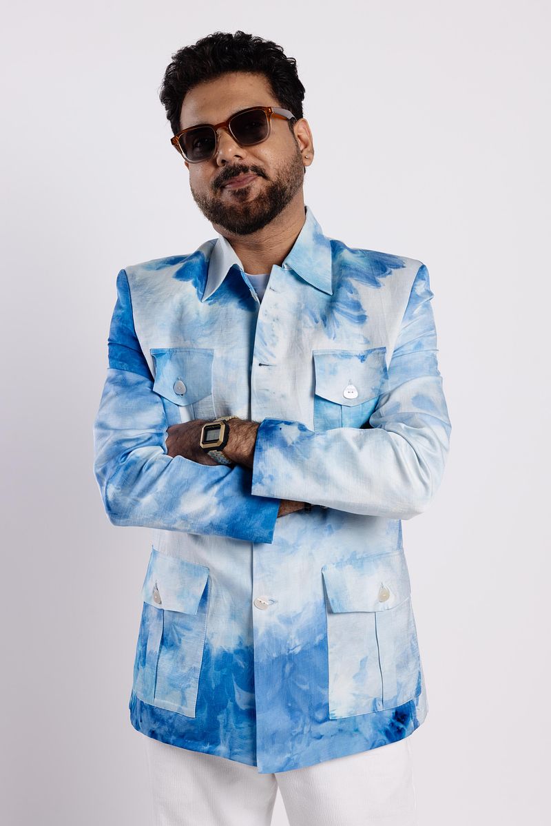 Linen Satin Safari Blazer - Summer Sky