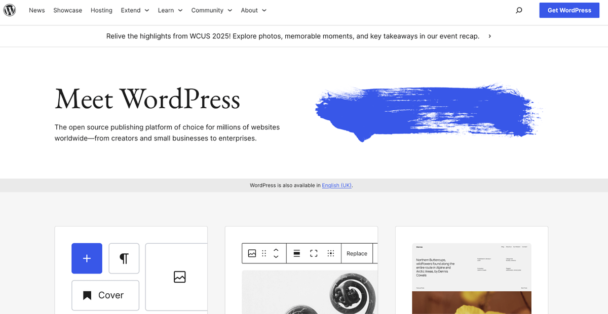 Zrzut ekranu strony głównej WordPressa